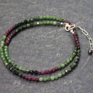 Faceted Ruby Zoisite Beaded Necklace: Sterling Silver Clasp