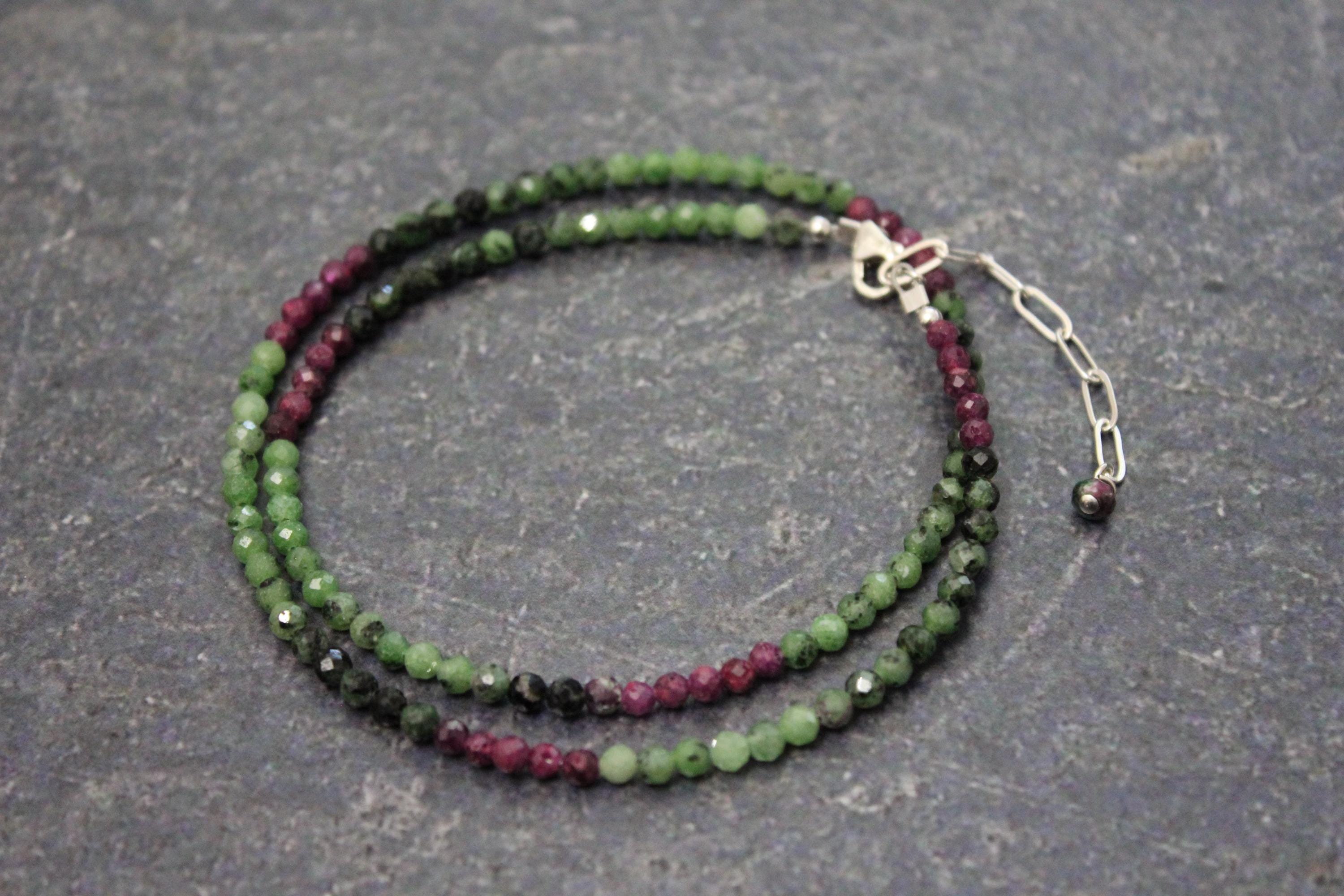 Faceted Ruby Zoisite Beaded Necklace: Sterling Silver Clasp Faceted Ruby Zoisite Beaded Necklace: Sterling Silver Clasp