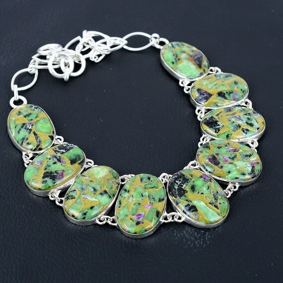 Handmade Copper Ruby Zoisite Necklace: 925 Sterling Silver, Adjustable Chain