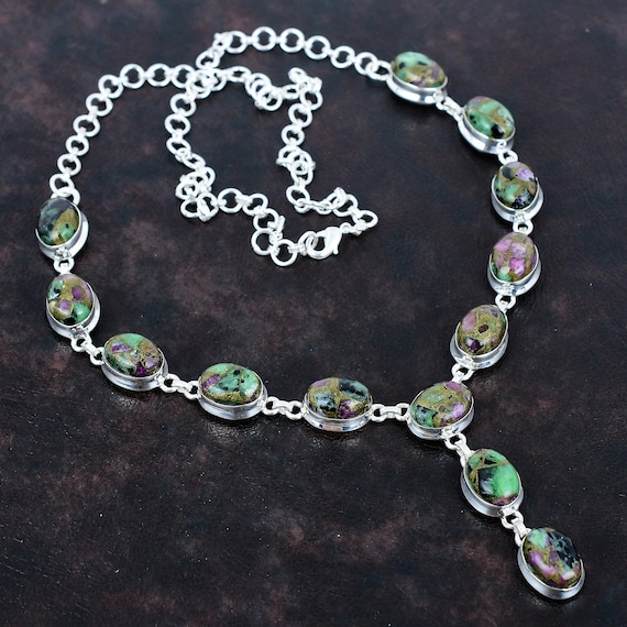 Handmade Copper Ruby Zoisite Necklace: 925 Sterling Silver, Adjustable Chain