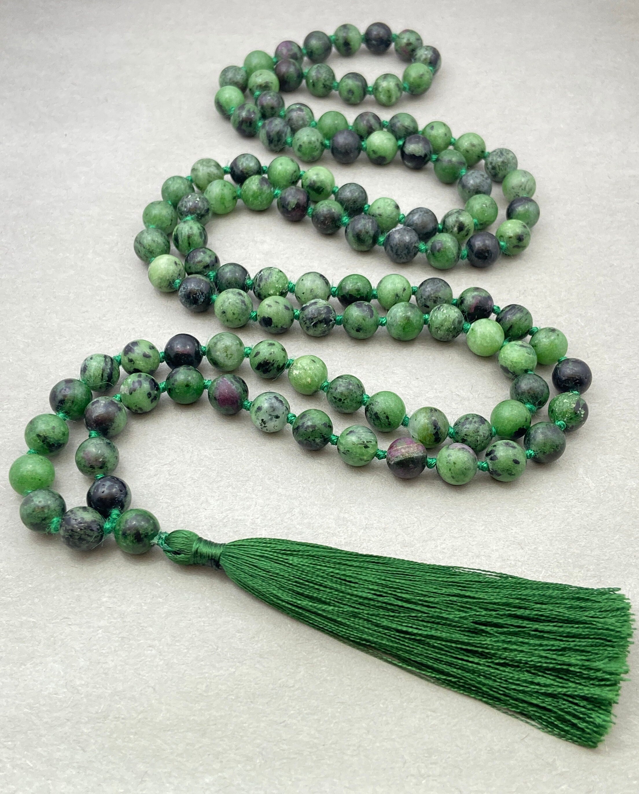 Ruby Zoisite Japa Mala: 108 Prayer Beads Necklace, Spiritual Jewelry Ruby Zoisite Japa Mala: 108 Prayer Beads Necklace, Spiritual Jewelry