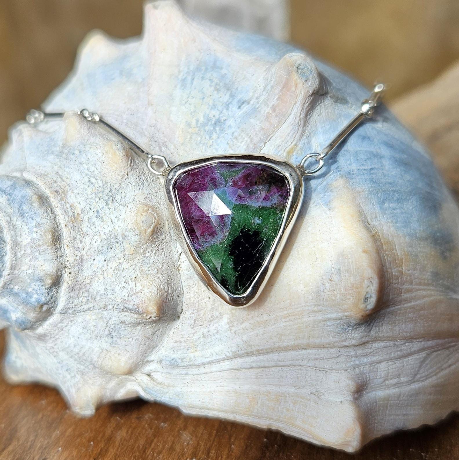 Ruby Zoisite Necklace, Silver Ruby In Zoisite Bezel Necklaces, Unique Handmade Ruby Zoisite Jewelry, Womens Gift For Her, Rose Cut Gemstone