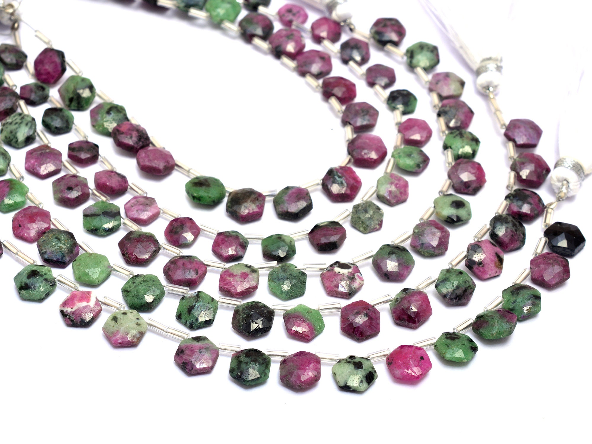 Aaa+ Ruby Zoisite 7mm-8mm Faceted Hexagon Briolette | Natural Ruby Zoisite Semi Precious Gemstone Loose Fancy Faceted Beads | 8inch Strand
