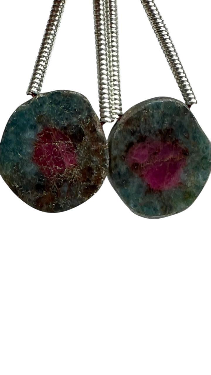 Ruby Zoisite Slice Beads Pair: Watermelon Gemstone Earrings (11x10mm) Ruby Zoisite Slice Beads Pair: Watermelon Gemstone Earrings (11x10mm)