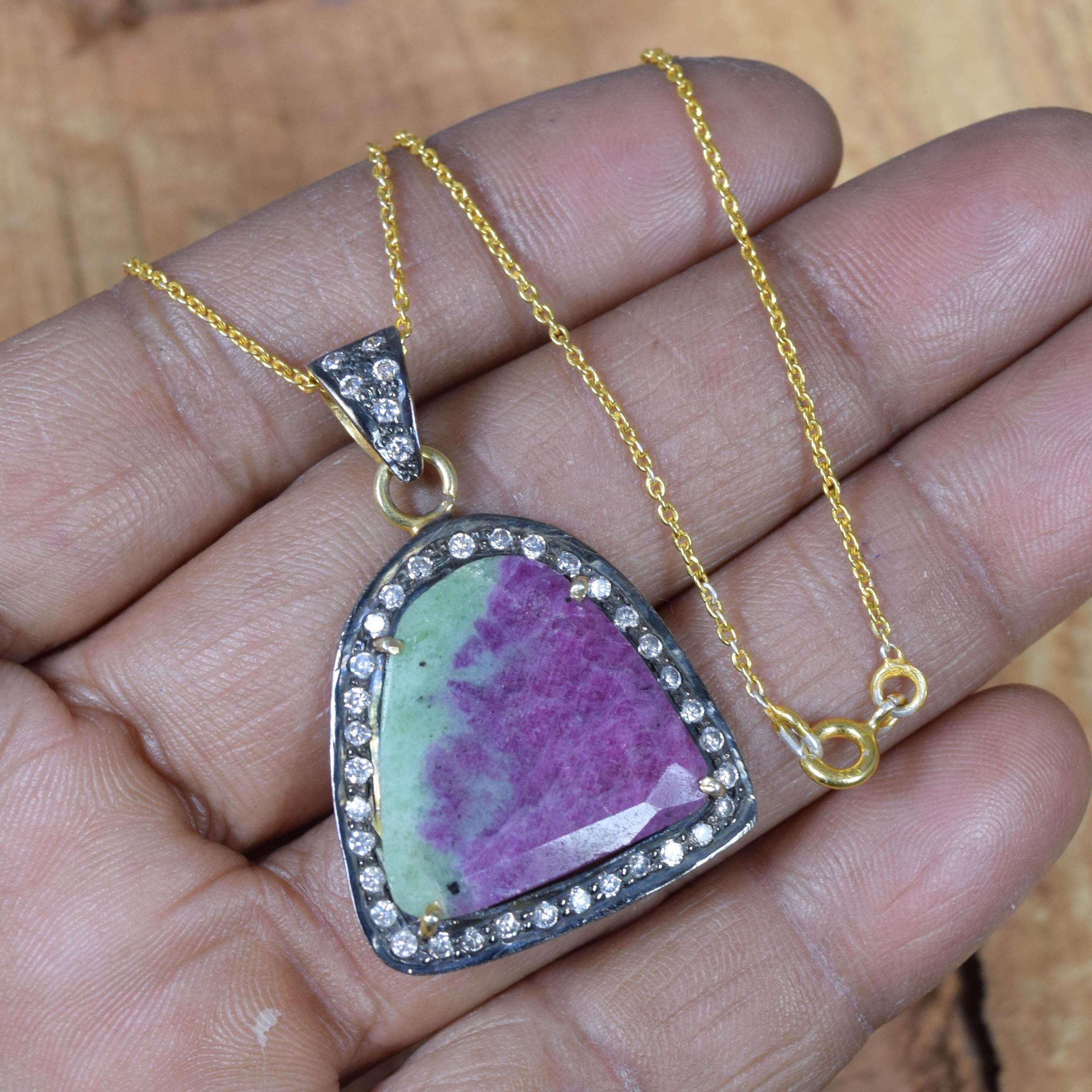 Ruby Zoisite Pendant: 18k Gold Overlay, Sterling Silver Chain Pendant