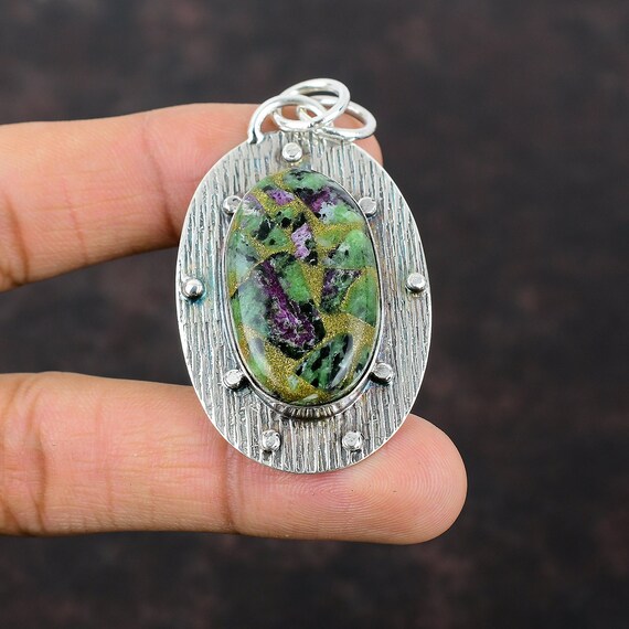 Copper Ruby Zoisite Pendant: Handmade 925 Sterling Silver Gemstone Jewelry