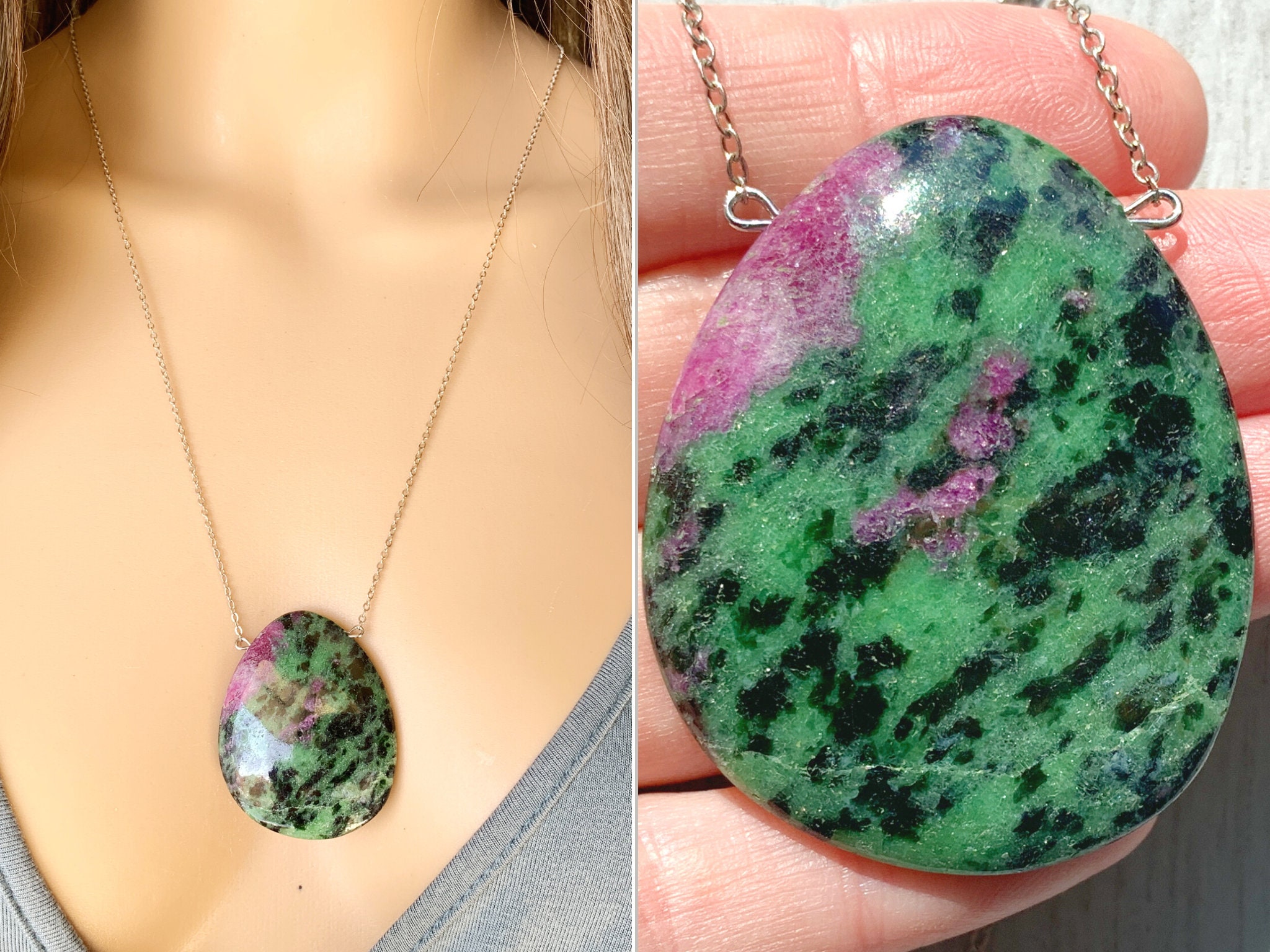 Crystal Easter Egg Necklace, Ruby Zoisite Necklace Silver Big Ruby Pendant Gold, July Birthstone Necklace, Ruby Zoisite Jewelry Exact Stone