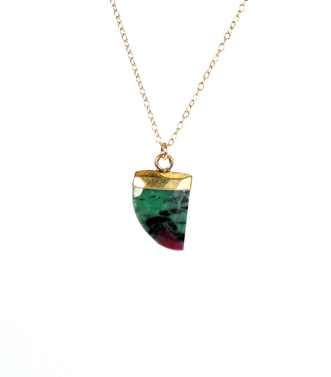 Green Crystal Spike Arrowhead Necklace: Ruby Zoisite Pendant, 14k Gold Filled Chain Green Crystal Spike Arrowhead Necklace: Ruby Zoisite Pendant, 14k Gold Filled Chain
