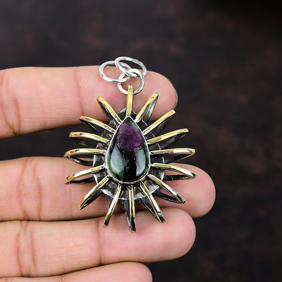 Handmade Ruby Zoisite Pendant: 925 Sterling Silver, 18k Gold Plated