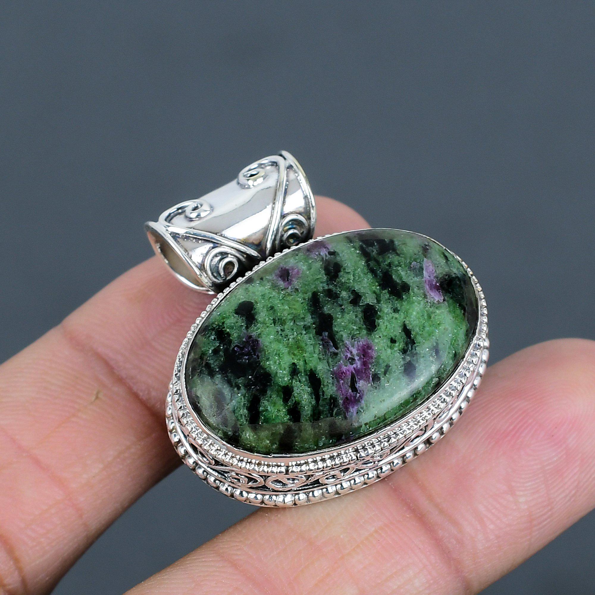 Handmade Ruby Zoisite 925 Sterling Silver Pendant: Vintage Gemstone Jewelry