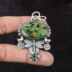 Handmade Copper Ruby Zoisite Pendant: Sterling Silver Dragonfly Jewelry Handmade Copper Ruby Zoisite Pendant: Sterling Silver Dragonfly Jewelry