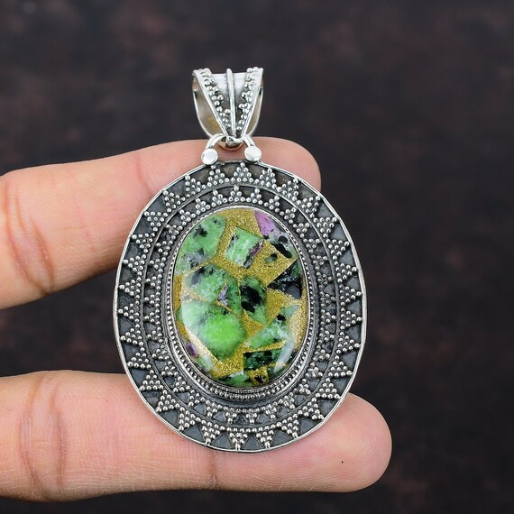 Handmade Copper Ruby Zoisite Pendant: Vintage Sterling Silver Jewelry