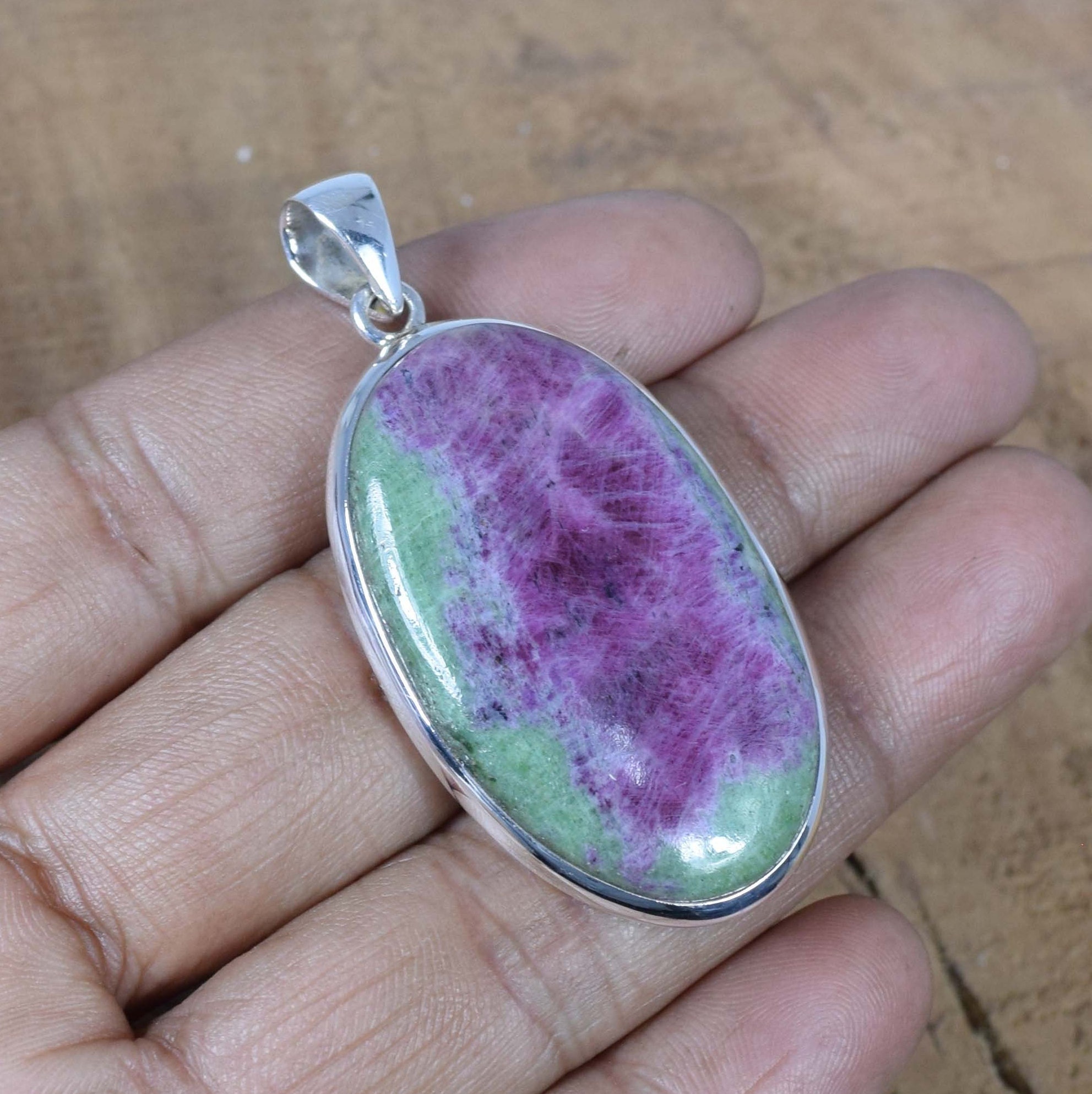 Handmade Oval Ruby Zoisite 925 Sterling Silver Pendant