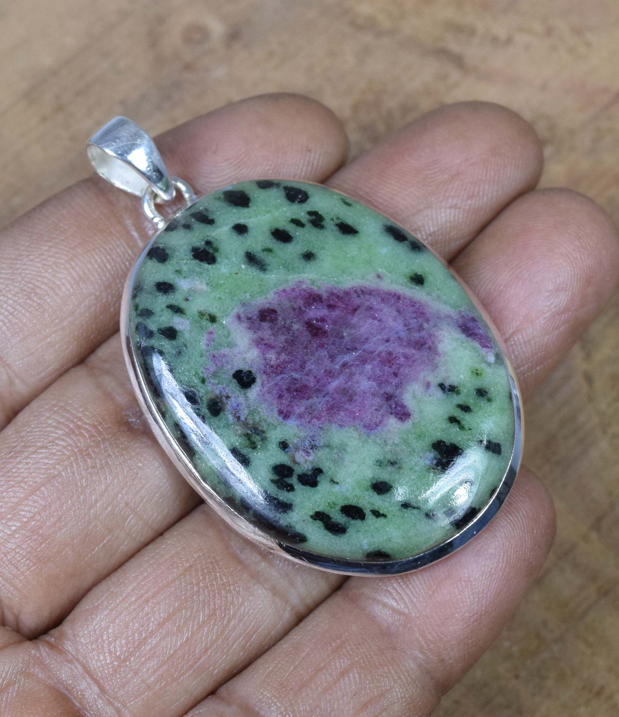 Handmade Oval Ruby Zoisite 925 Sterling Silver Pendant