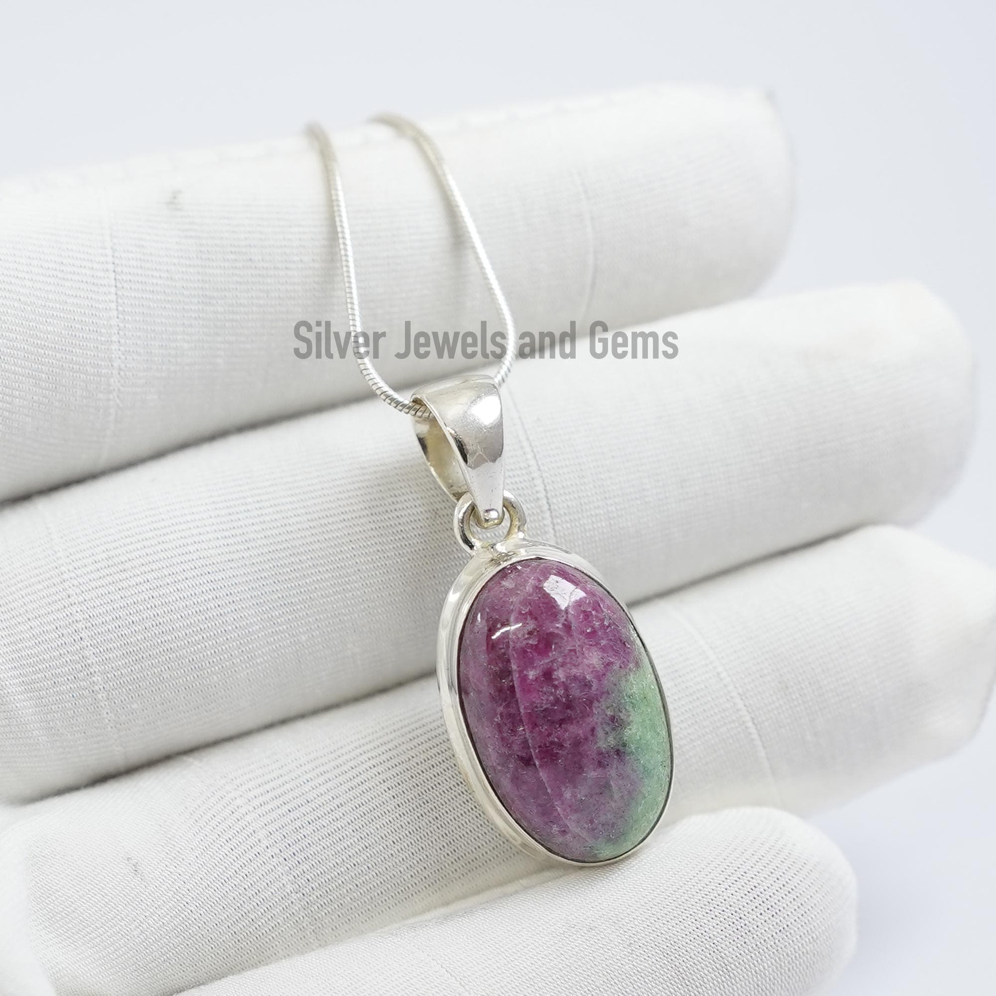 Handmade Oval Ruby Zoisite 925 Sterling Silver Pendant