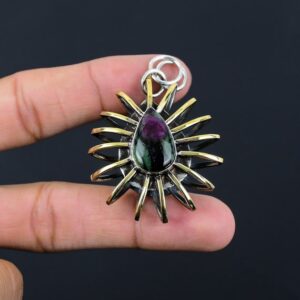 Handmade Pear Ruby Zoisite Pendant: 925 Sterling Silver, 18K Gold Plated Handmade Pear Ruby Zoisite Pendant: 925 Sterling Silver, 18K Gold Plated