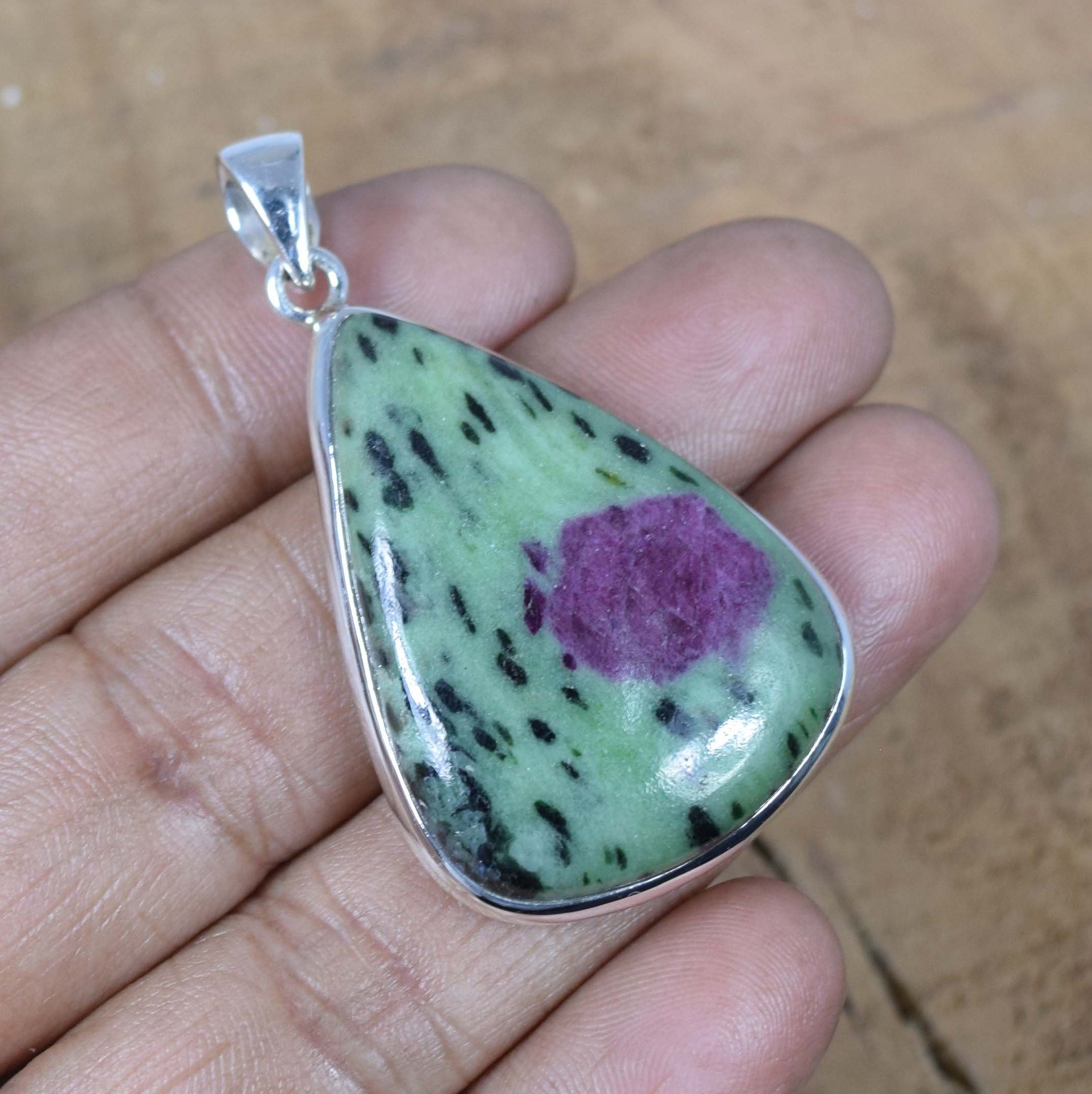 Handmade Pear Ruby Zoisite Pendant: 925 Sterling Silver Gemstone Jewelry Handmade Pear Ruby Zoisite Pendant: 925 Sterling Silver Gemstone Jewelry