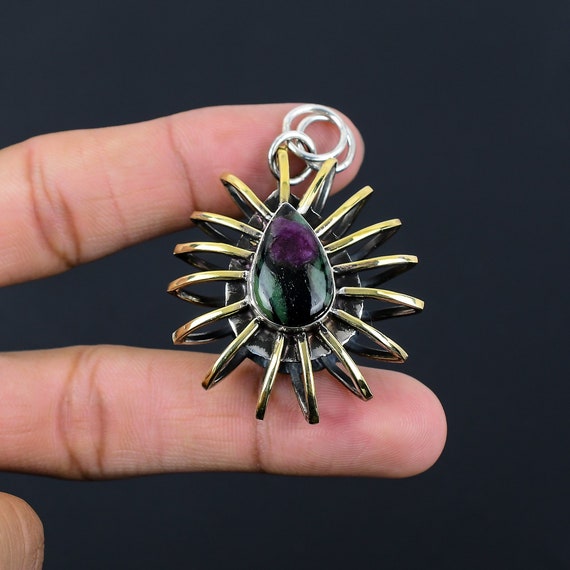 Handmade Ruby Zoisite Pear Pendant: 925 Sterling Silver Boho Statement