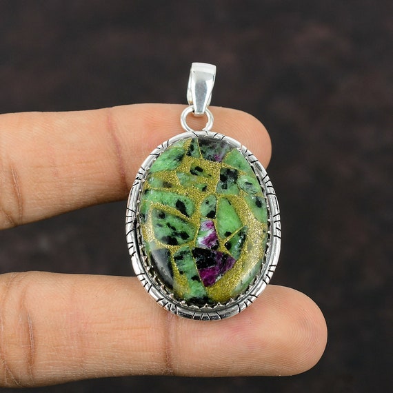 Handmade Sterling Silver Copper Ruby Zoisite Pendant: Designer Gemstone Jewelry