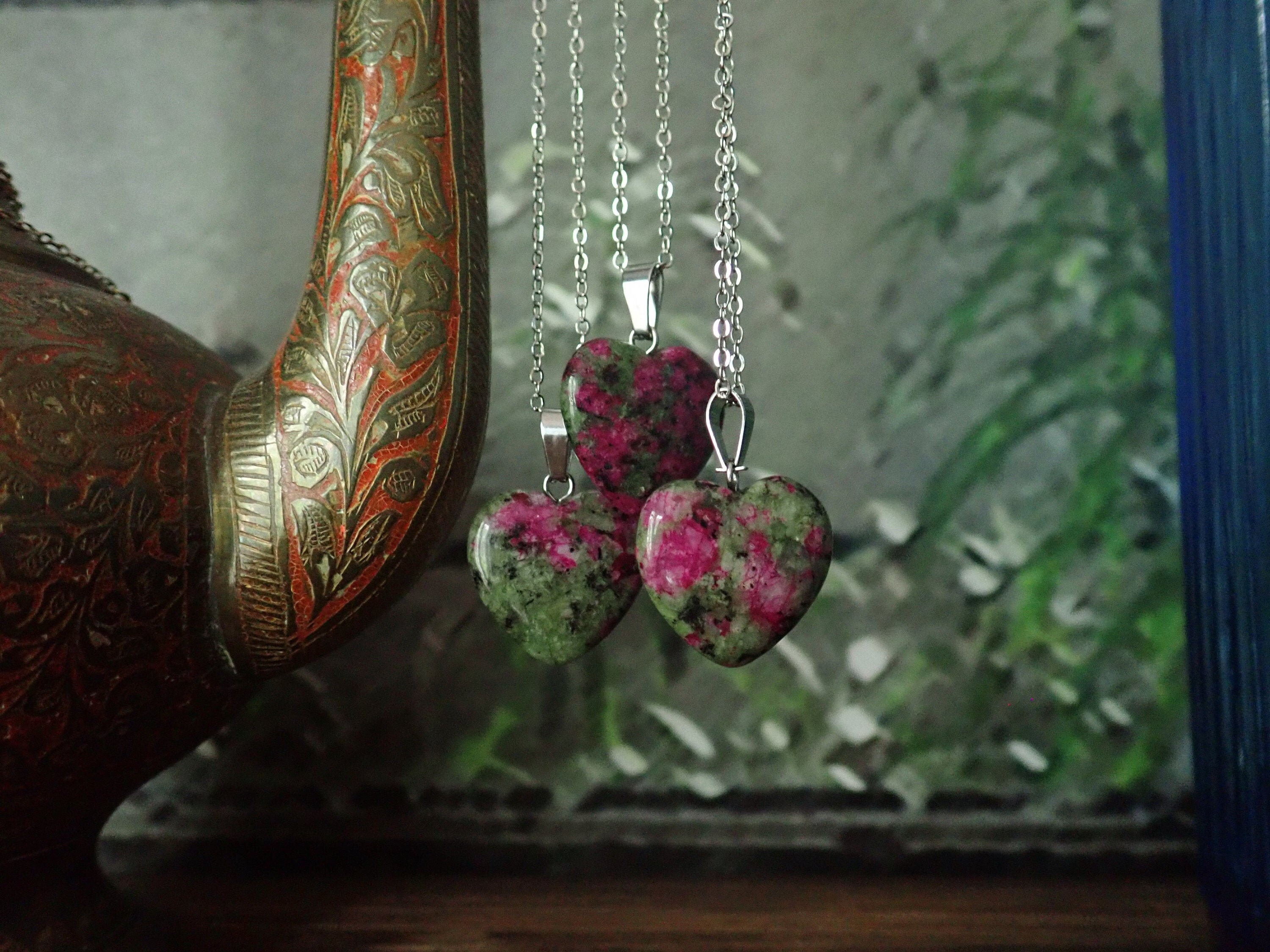 Ruby Zoisite Heart Necklace,natural Gemstone Necklace,puffy Heart Stone Pendant,heart Jewelry,layering Statement,crystal Jewlry Gift For Her Ruby Zoisite Heart Necklace,natural Gemstone Necklace,puffy Heart Stone Pendant,heart Jewelry,layering Statement,crystal Jewlry Gift For Her