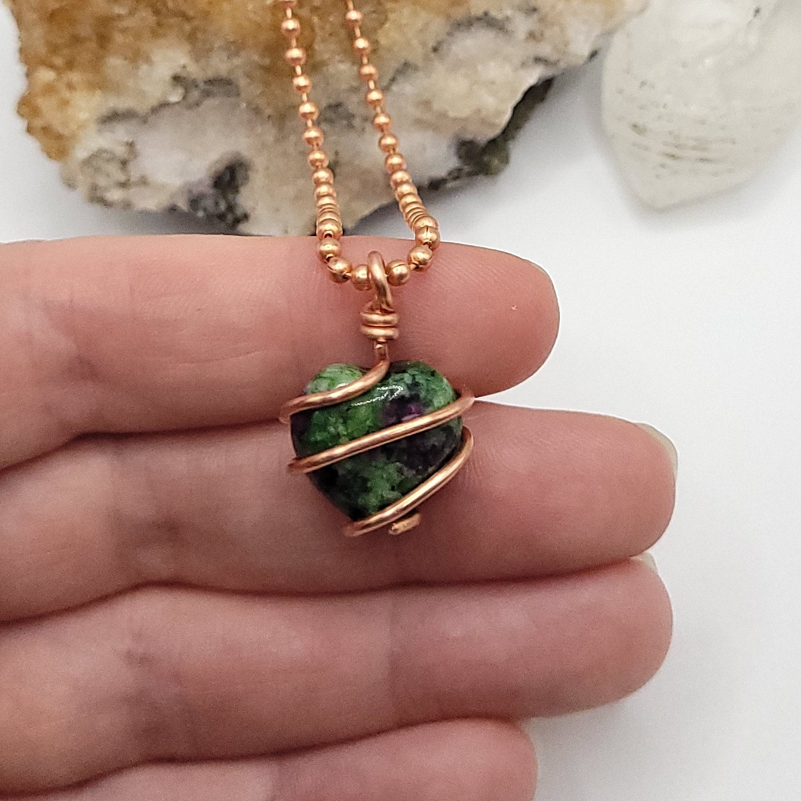 Ruby Zoisite Heart Necklace: Copper Wire Wrapped Pendant Ruby Zoisite Heart Necklace: Copper Wire Wrapped Pendant