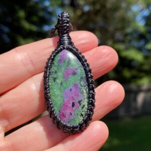 Macrame Ruby Zoisite Pendant Necklace: Hand-knotted Gemstone Jewelry