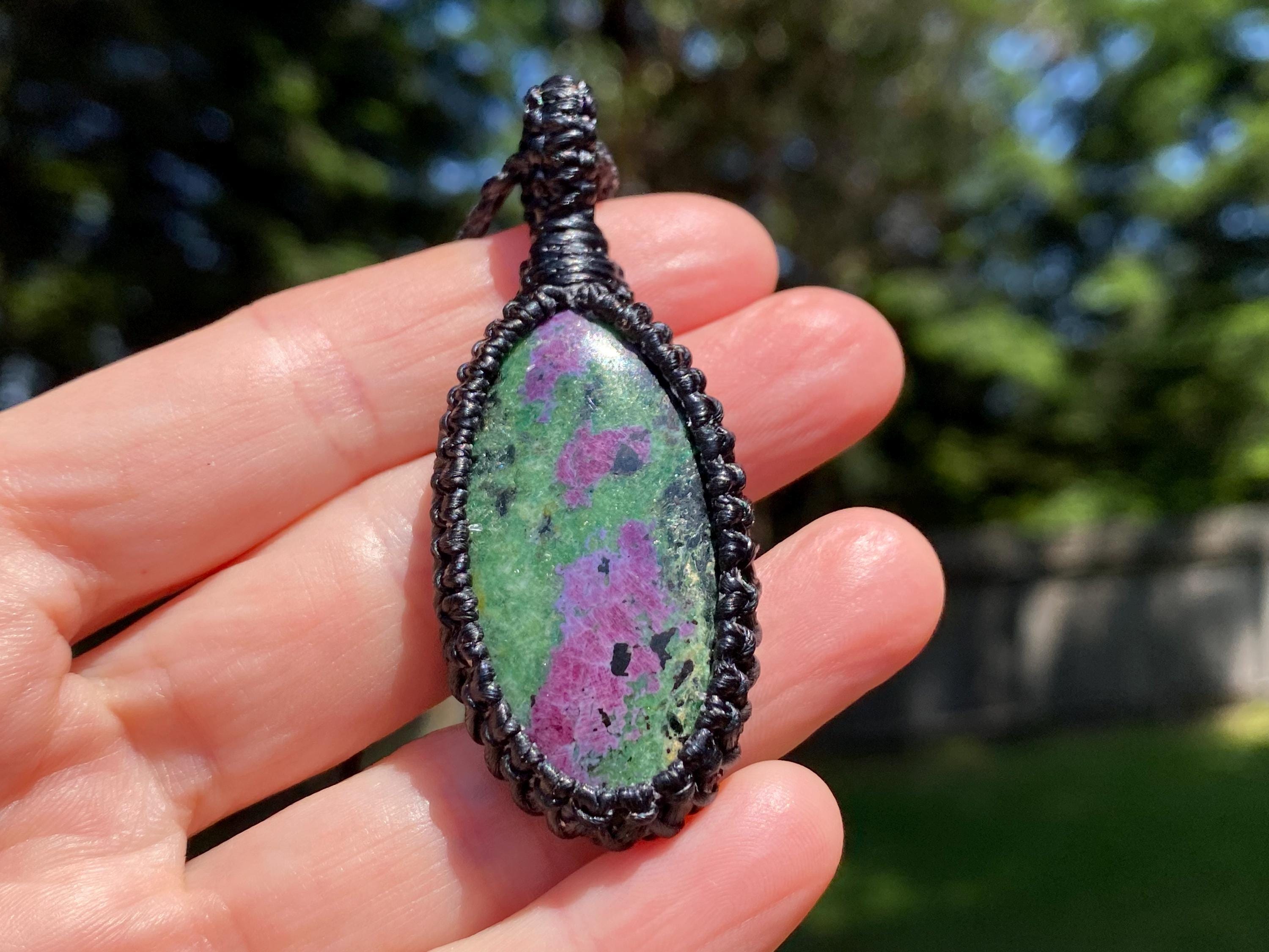 Macrame Ruby Zoisite Pendant Necklace: Hand-knotted Gemstone Jewelry