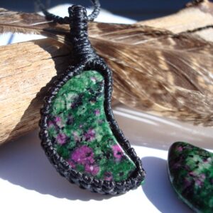 Ruby Zoisite Moon Pendant: Macrame Stone Necklace