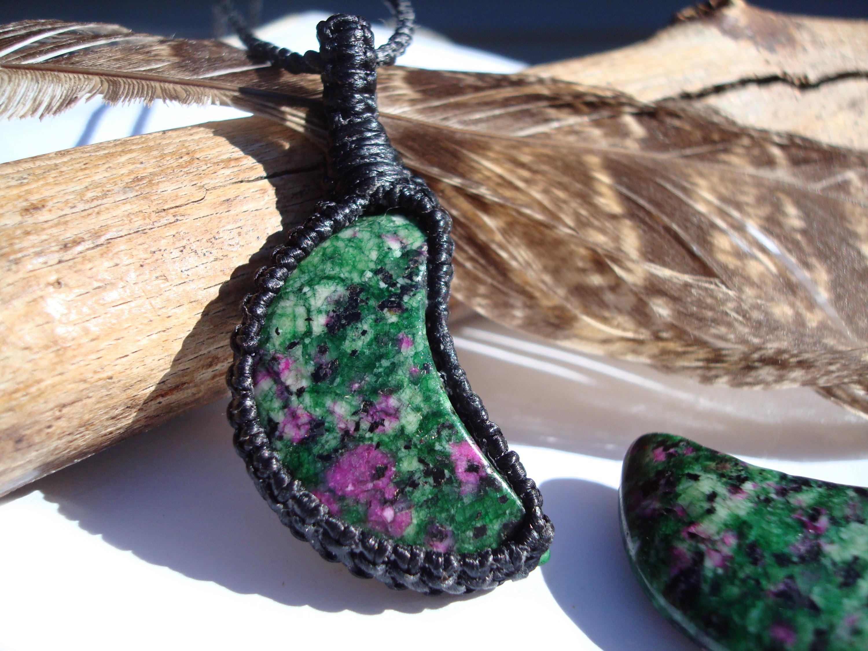 Ruby Zoisite Moon Pendant: Macrame Stone Necklace