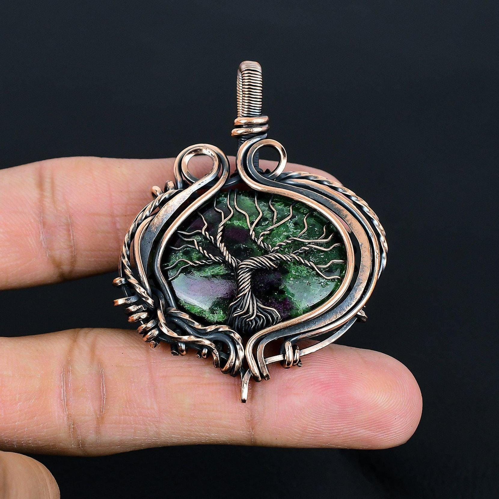 Natural Ruby Zoisite Pendant, Tree Of Life Copper Wire Wrapped Pendant, Bohemian Jewelry, Dainty Gifts, Best Friend Gifts, Artesian Pendant