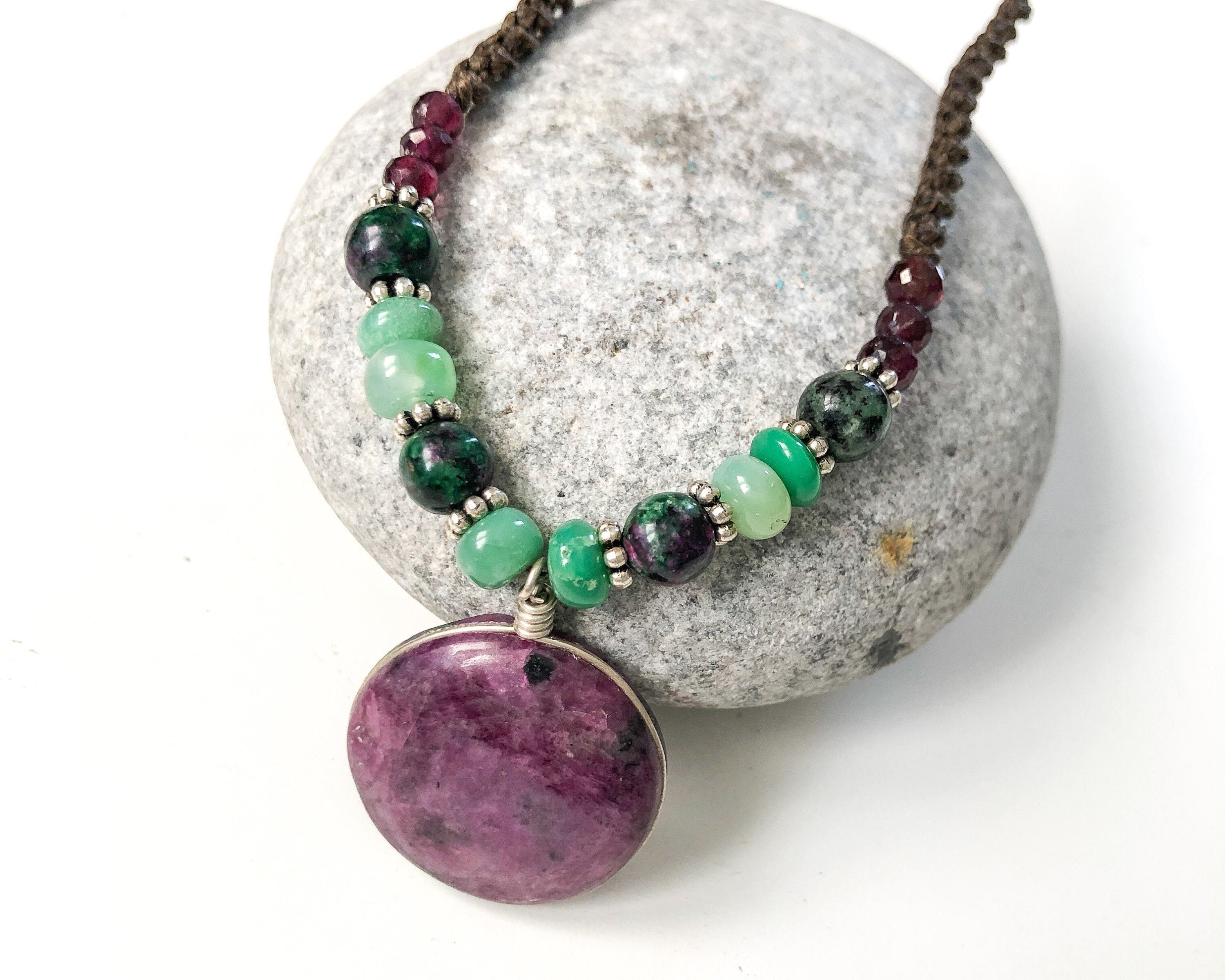 Ruby Zoisite Necklace, Natural Ruby Zoisite Beaded Necklace, Adjustable Necklace, Round Shape Ruby Zoisite Pendant Necklace, Watermelon Ruby