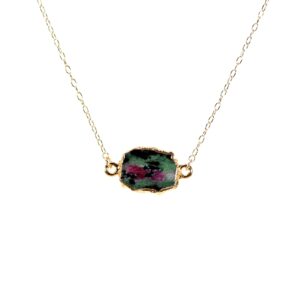 Ruby Zoisite Necklace: Raw Crystal Slice Pendant, 14k Gold Filled Chain, July Birthstone