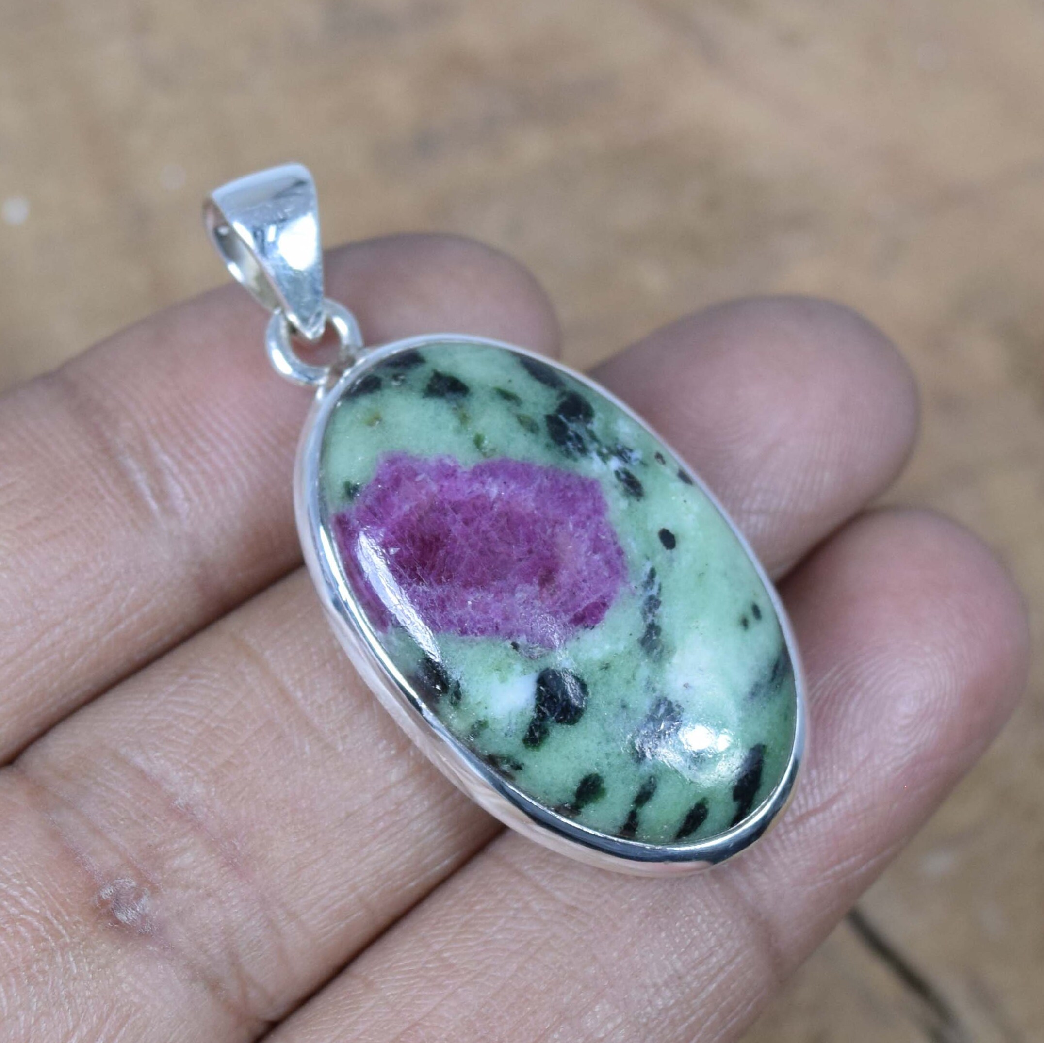 Ruby Zoisite Sterling Silver Pendant: Handmade Oval Gemstone Jewelry Ruby Zoisite Sterling Silver Pendant: Handmade Oval Gemstone Jewelry