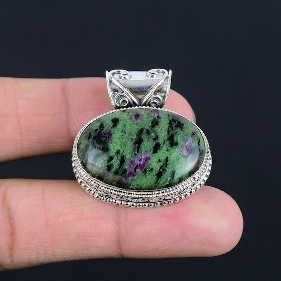 Vintage Ruby Zoisite Pendant: Handmade 925 Sterling Silver Gemstone Jewelry Vintage Ruby Zoisite Pendant: Handmade 925 Sterling Silver Gemstone Jewelry