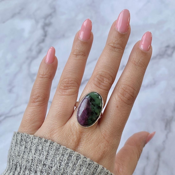 Ruby Zoisite Adjustable Ring / 925 Sterling Silver / Healing Gemstone / Gifts For Her / Oval Cab / Ruby Zoisite Statement Ring / Rzs-r-44.