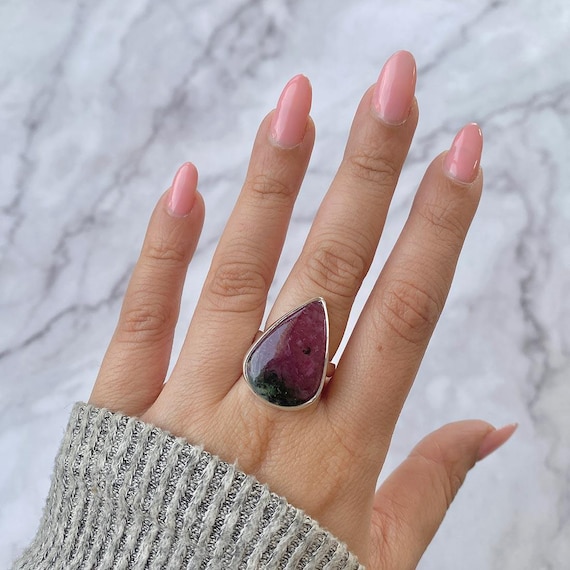 Ruby Zoisite Adjustable Ring / 925 Sterling Silver / Healing Gemstone / Gifts For Her / Pear Cab / Ruby Zoisite Statement Ring / Rzs-r-15.
