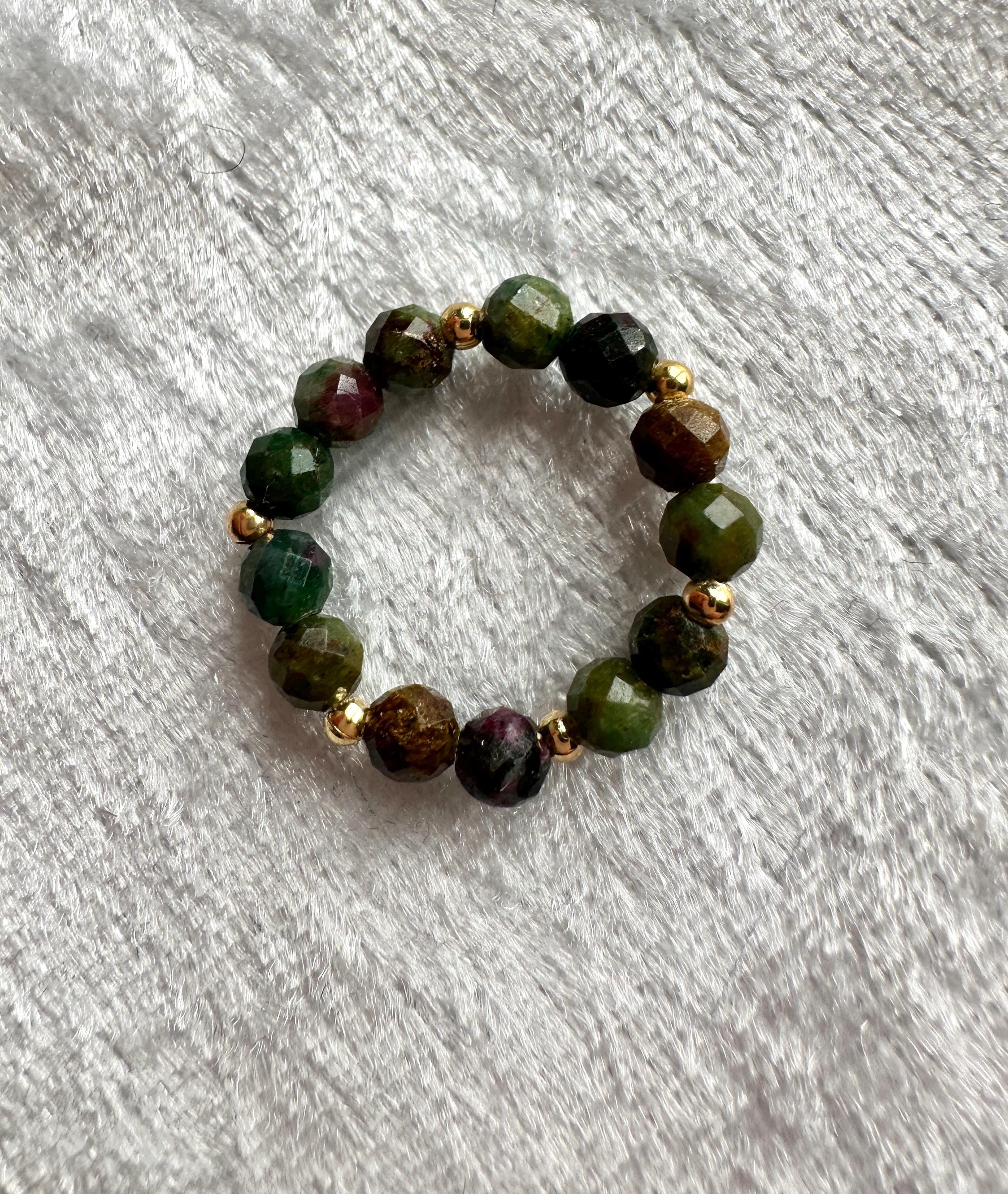 Elastic Stretch Ruby Zoisite Beaded Ring, Handmade Stacking Ring