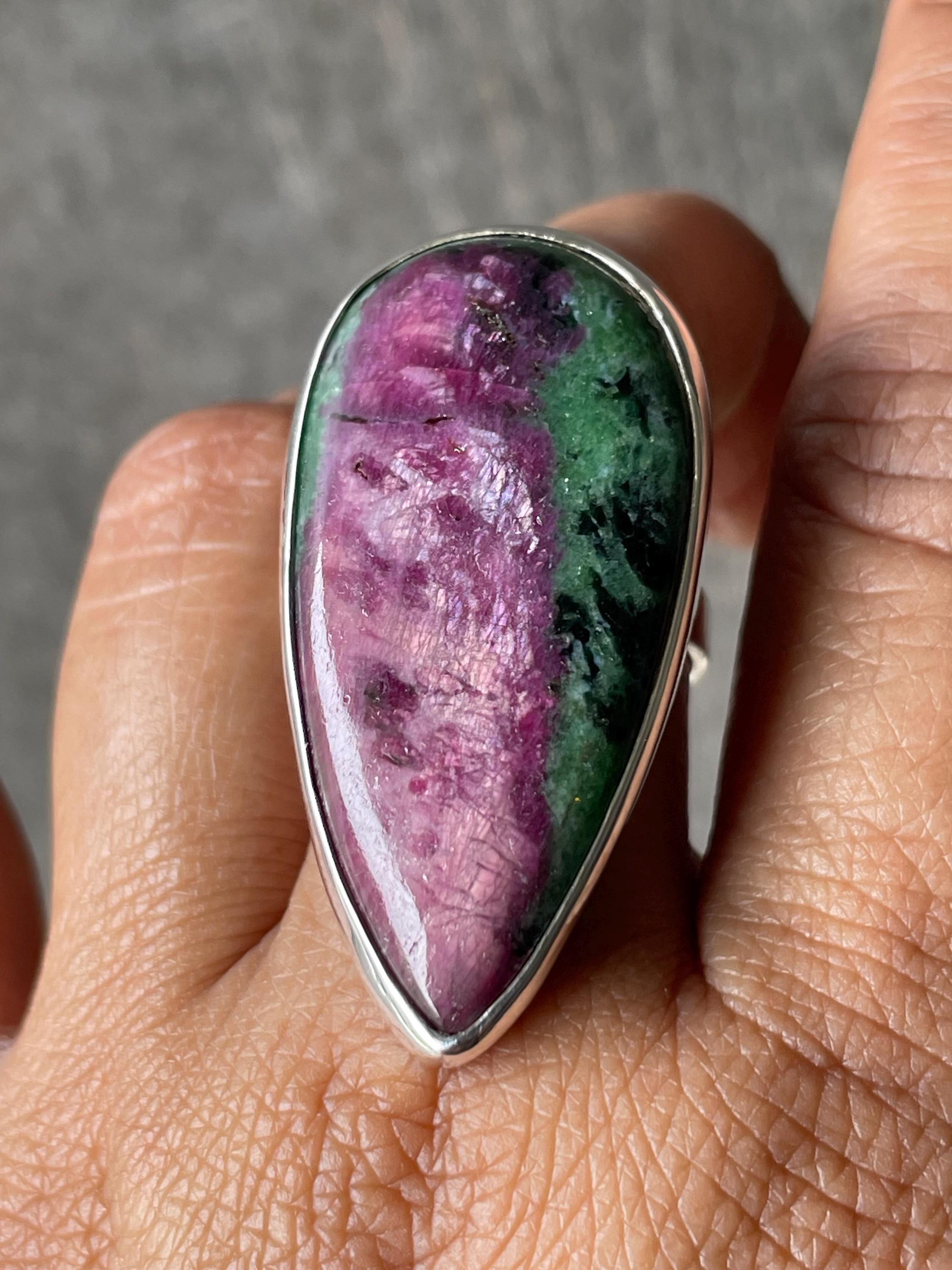 Ruby Zoisite Ring: Pear Pink Green Gemstone, 925 Sterling Silver