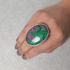Ruby Zoisite Statement Ring: Adjustable Silver Plated Band
