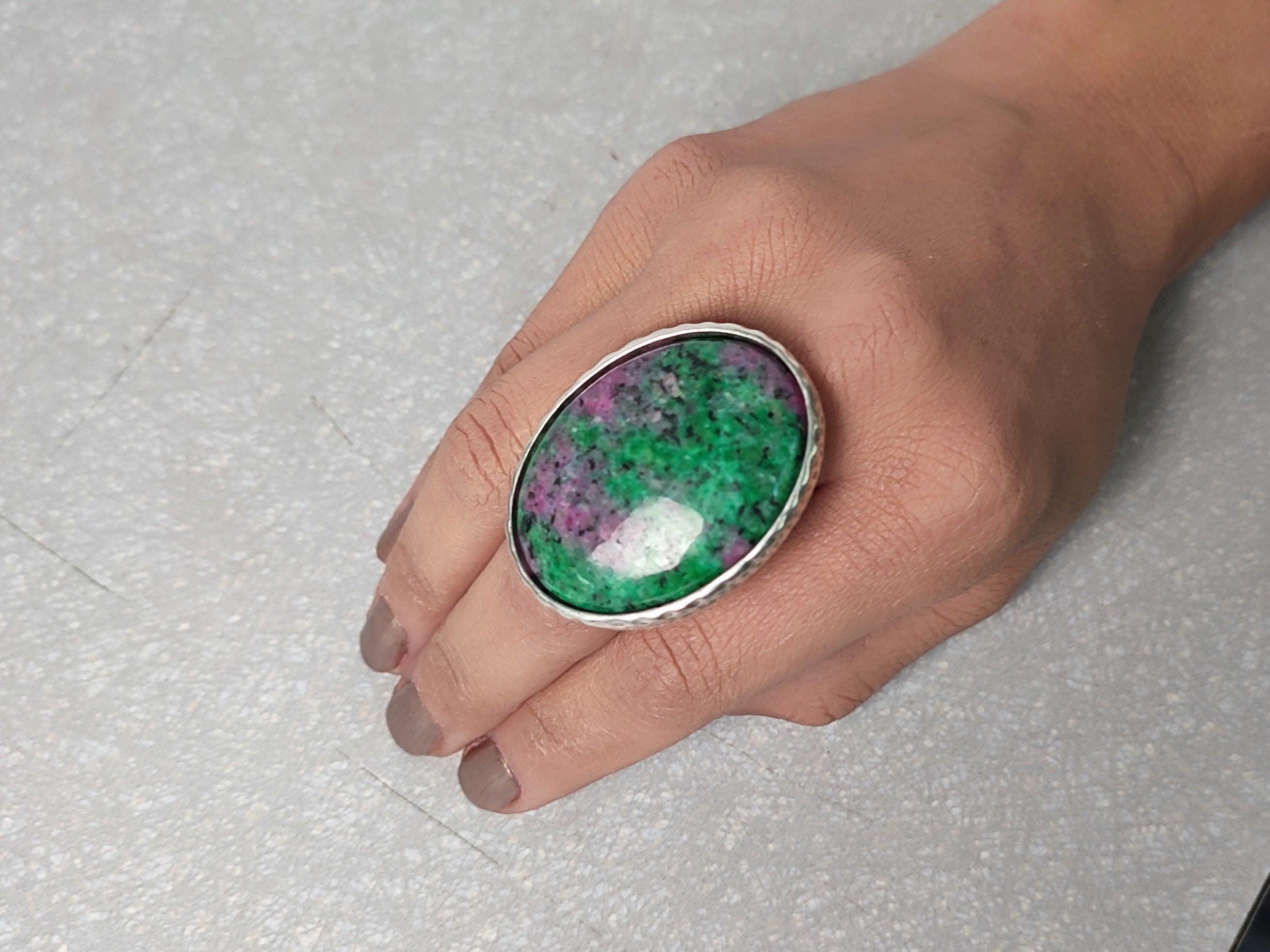 Ruby Zoisite Statement Ring: Adjustable Silver Plated Band