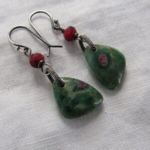 Ruby Zoisite, Free Form Briolette, Sterling Silver Wire Wrapped, Stylish French Ear Wire Ruby Zoisite, Free Form Briolette, Sterling Silver Wire Wrapped, Stylish French Ear Wire