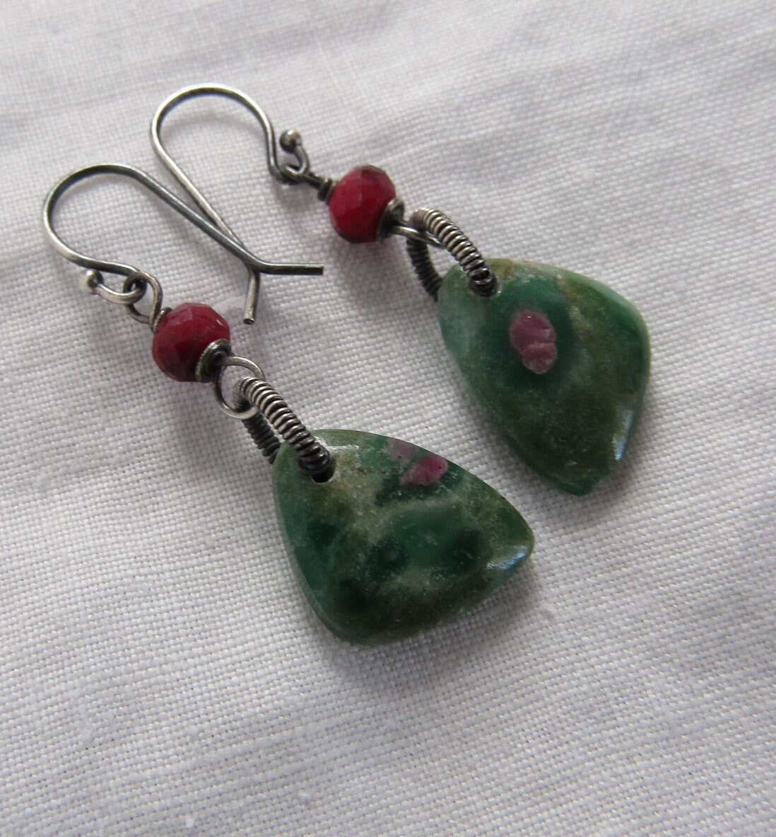 Ruby Zoisite, Free Form Briolette, Sterling Silver Wire Wrapped, Stylish French Ear Wire