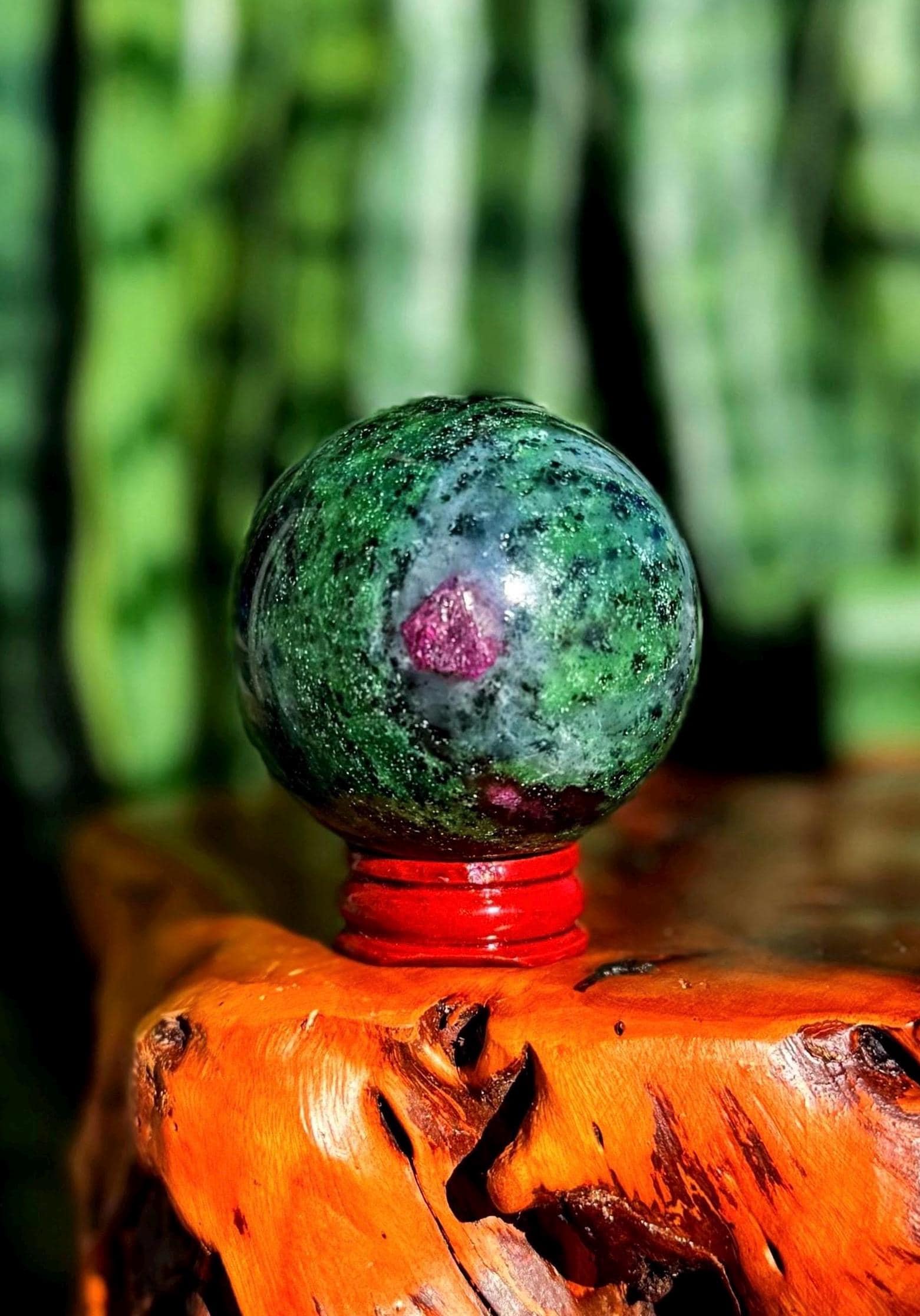 Natural Ruby Zoisite Sphere W/ Stand - (anyolite) - Uv Reactive - For Enhanced Patience And Passion -connects Mind And Heart