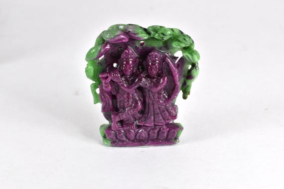 Ruby Zoisite Radha Krishna Carving, Handmade Spiritual Statue
