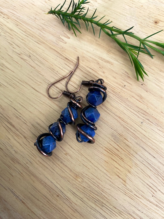 Rustic Handmade Hammered Antiqued Copper African Dumortierite Earrings