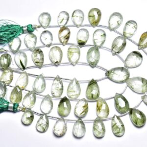 Big Rare Green Rutile Quartz Pear Beads - 8 inches - Natural Super Quality Green Rutile Faceted Pear Briolette - Size is 9x12 - 10x16mm #322