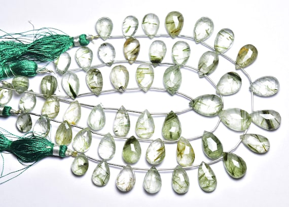 Big Rare Green Rutile Quartz Pear Beads - 8 Inches - Natural Super Quality Green Rutile Faceted Pear Briolette - Size Is 9x12 - 10x16mm #322