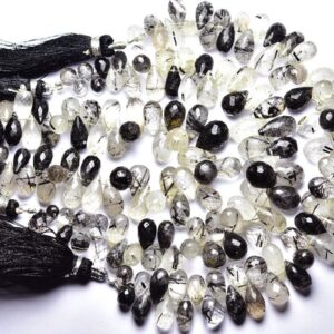 Black Rutile Teardrop Beads 6 inches - Natural Faceted Black Rutile Quartz Tear Drops Briolettes - Size is 5x7- 6x12mm #2278