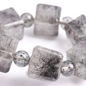 10-11mm Black Rutilated Quartz Beads Beveled Edge Faceted Cube Bracelet Grade A Genuine Natural Gemstone 7.5" (117883h-3983)