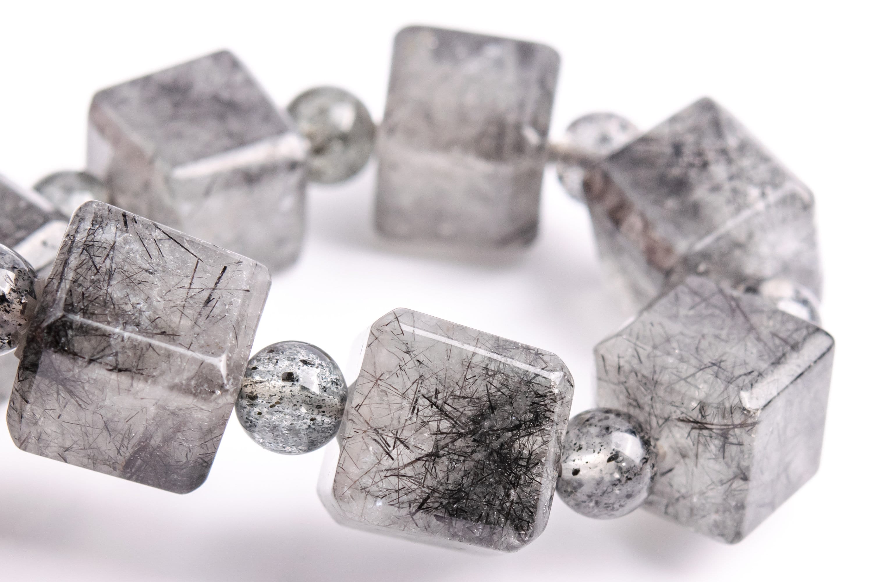 10-11mm Black Rutilated Quartz Beads Beveled Edge Faceted Cube Bracelet Grade A Genuine Natural Gemstone 7.5" (117883h-3983)